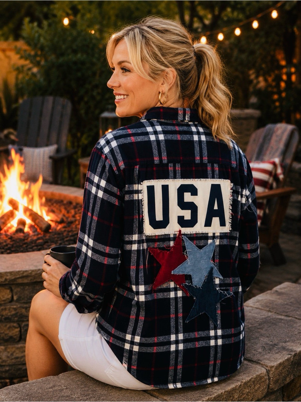 USA Upcycled Flannel Shirt Denim USA and Star Designs. Large.  Go Team USA!